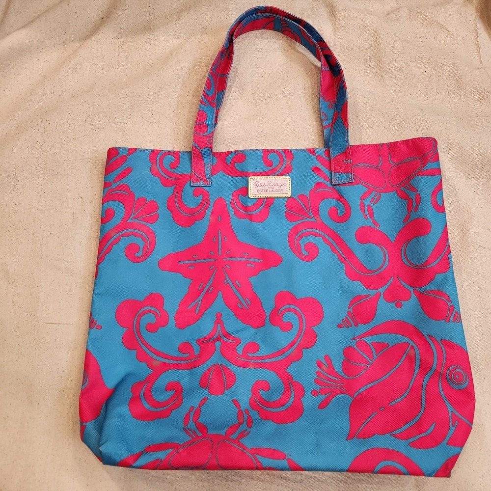 Lilly Pulitzer Estee Lauder Blue Pink Sea Life Coastal Beach Tote Handbag